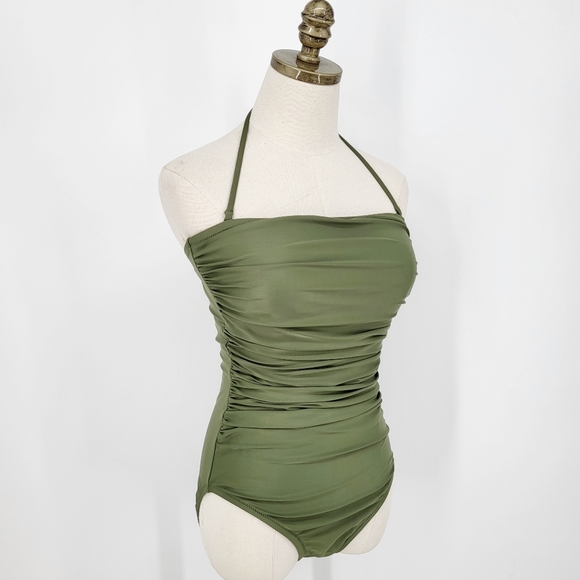 J. Crew Other - J.Crew Ruched Bandeau One Piece Swimsuit Halter Olive Green Size 6 NWT